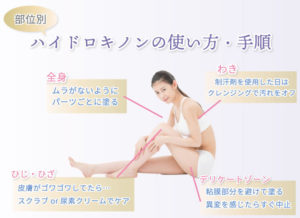 【部位別ハイドロキノンの使い方・手順】全身⇒ムラがないようにパーツごとに塗る ひじ・ひざ⇒皮膚がゴワゴワしてたら… スクラブor尿素クリームでケア わき⇒制汗剤を使用した日はクレンジングで汚れをオフ デリケートゾーン⇒粘膜部分を避けて塗る 異変を感じたらすぐ中止